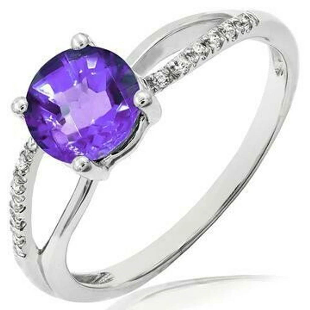 Amethyst Ring with Diamond Accent and Split Shoulders 14KY Gold