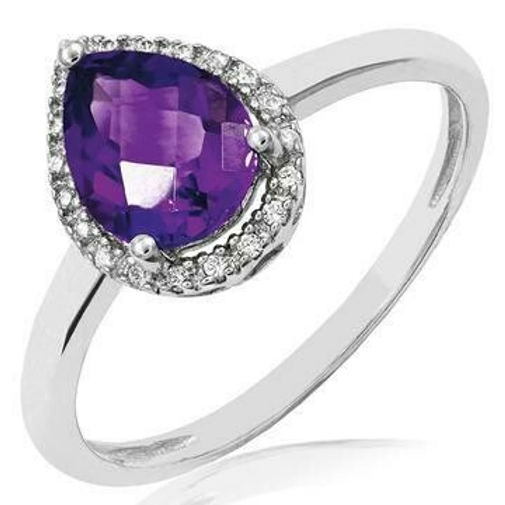 Amethyst Teardrop Ring with Diamond Halo 14KT Gold