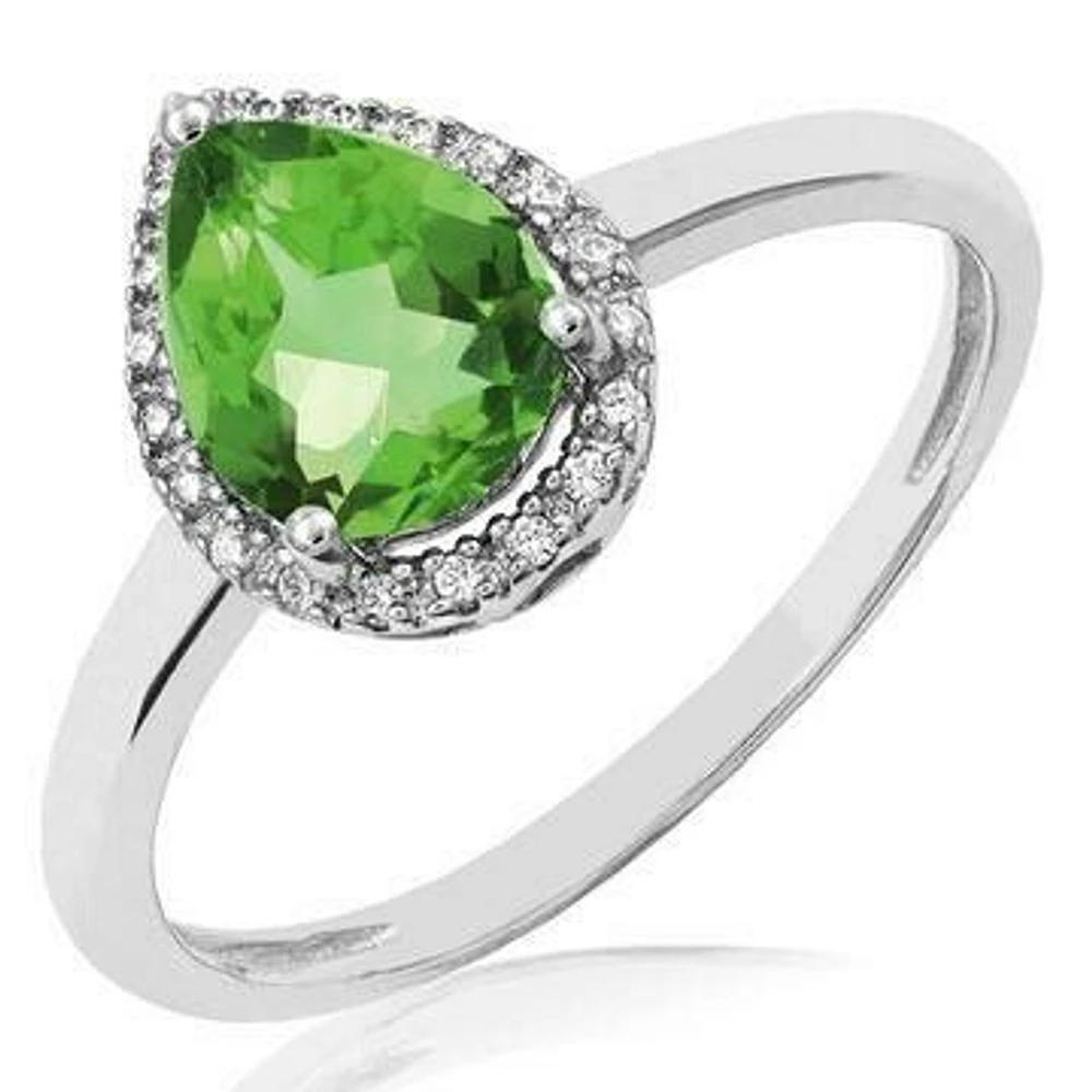 Peridot Teardrop Ring with Diamond Halo 14KT Gold