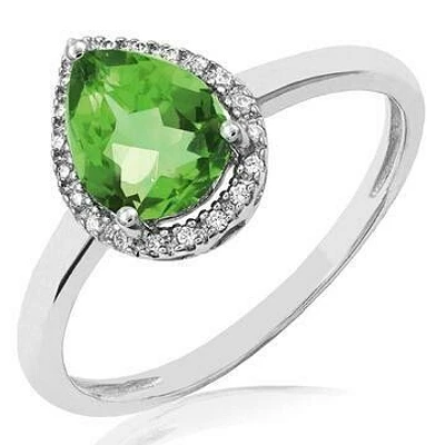 Peridot Teardrop Ring with Diamond Halo 14KT Gold