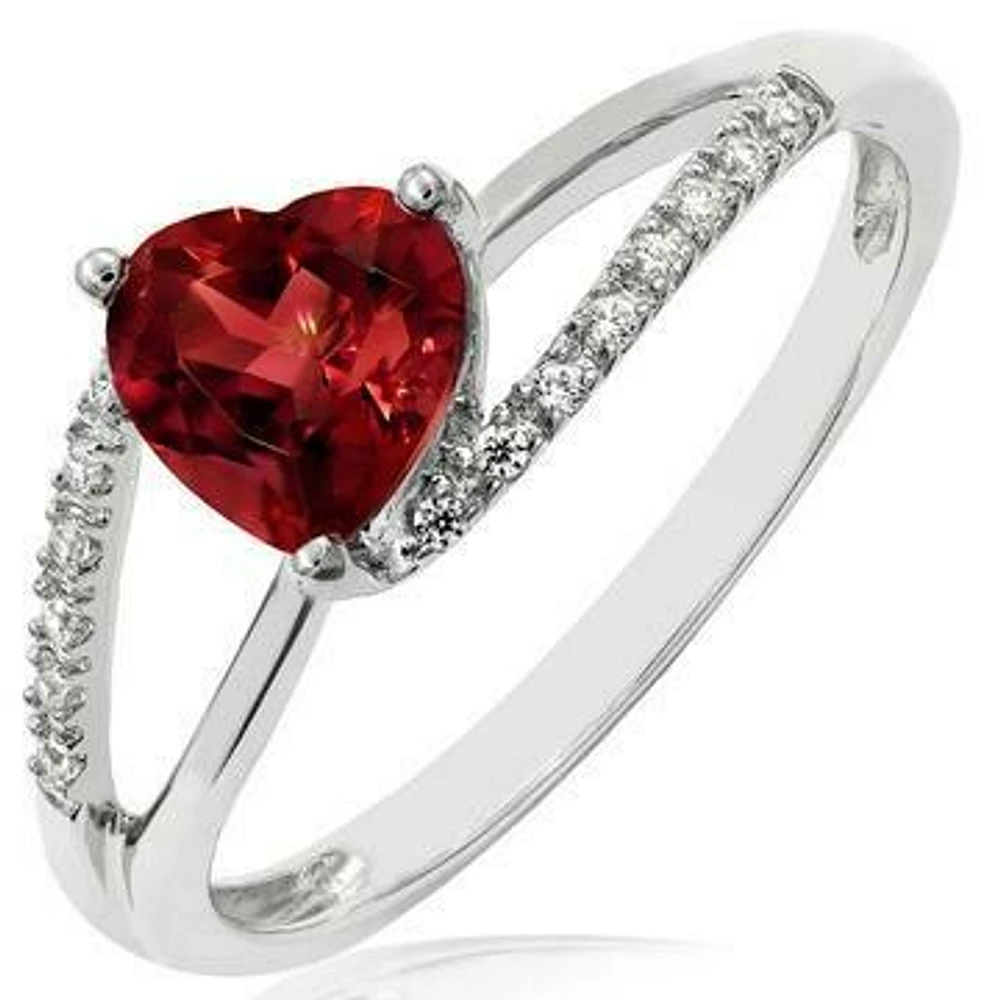 Heart Garnet Ring with Diamond Accent and Split Shoulders 14KT Gold