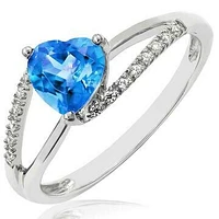 Heart Blue Topaz Ring with Diamond Accent and Split Shoulders 14KT Gold