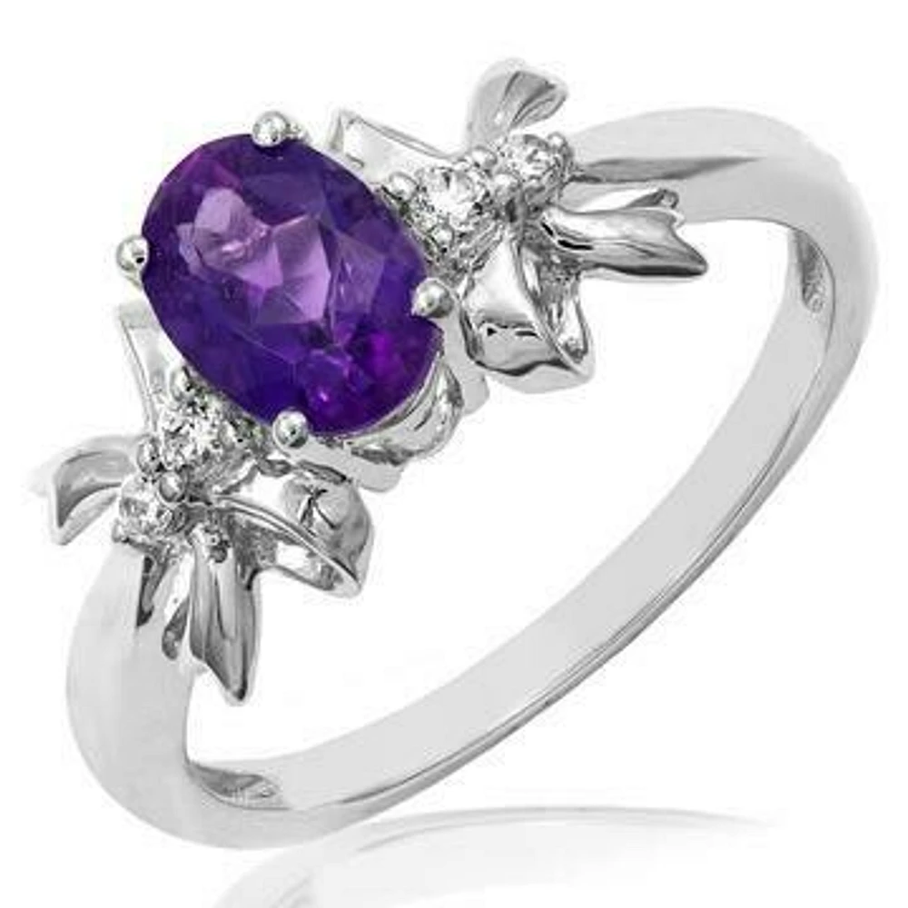 Oval Amethyst Ring with Diamond Bow Accents 14KT White Gold