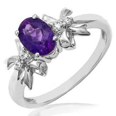 Oval Amethyst Ring with Diamond Bow Accents 14KT White Gold