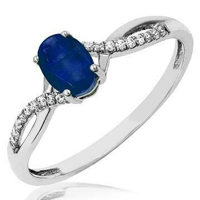 Oval Blue Sapphire Ring with Diamond Accent and Split Shoulders 14KT Gold