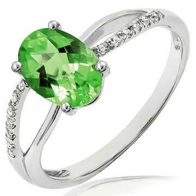 Oval Peridot Ring with Diamond Accent and Split Shoulders 14KT Gold