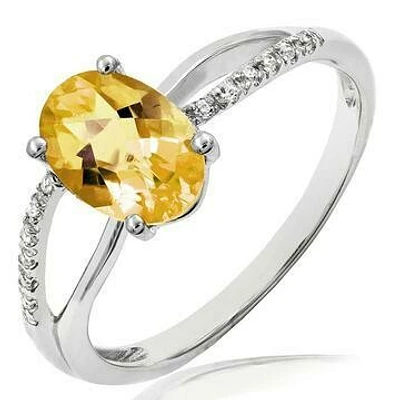 Oval Citrine Ring with Diamond Accent and Split Shoulders 14KT Gold