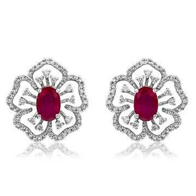 Floral Ruby Earrings with Diamond Accent 18KT White Gold