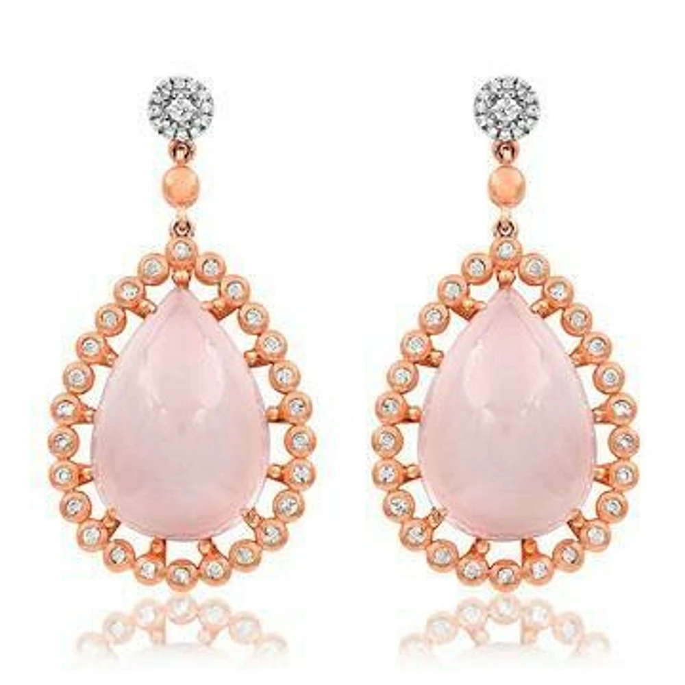 Premium Teardrop Pink Quartz Earrings with Diamond Accent Rose Gold