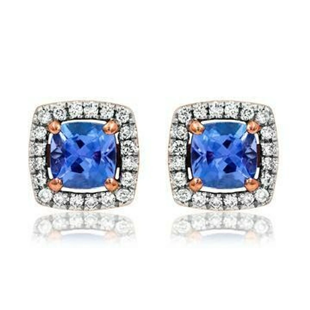 Cushion Tanzanite Earrings with Diamond Halo in 14KT Rose Gold