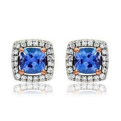 Cushion Tanzanite Earrings with Diamond Halo in 14KT Rose Gold