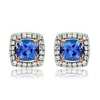 Cushion Tanzanite Earrings with Diamond Halo in 14KT Rose Gold