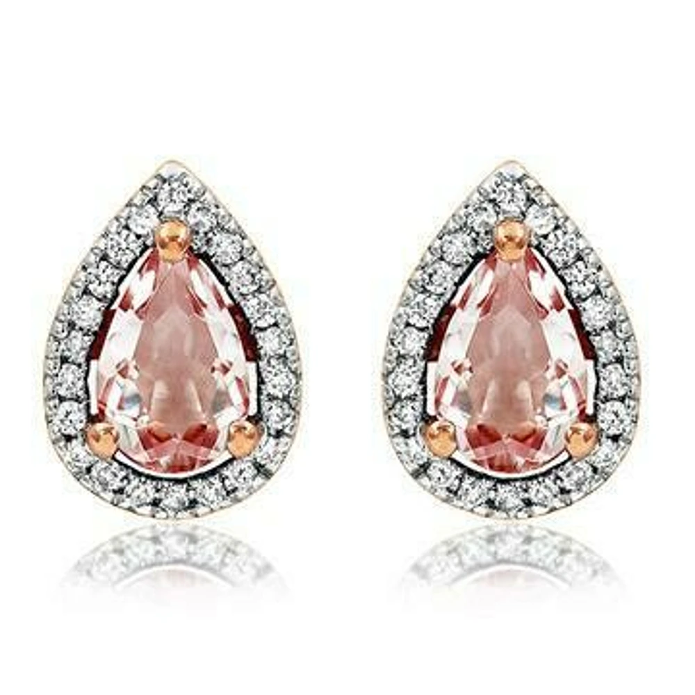 Tanzanite Morganite Stud Earrings with Diamond Halo in 14KT Rose Gold