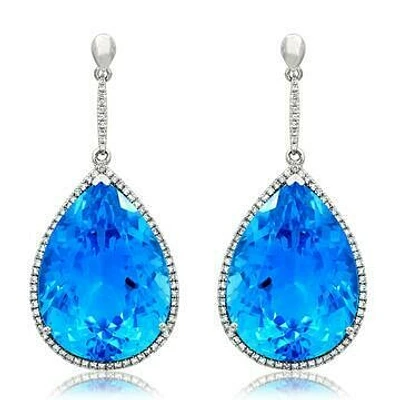 Premium Blue Topaz Dangle Earrings with Diamond Halo 14KT Gold