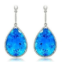 Premium Blue Topaz Dangle Earrings with Diamond Halo 14KT Gold