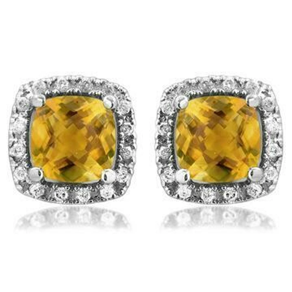 Cushion Citrine Stud Earrings with Diamond Halo 14KT Gold