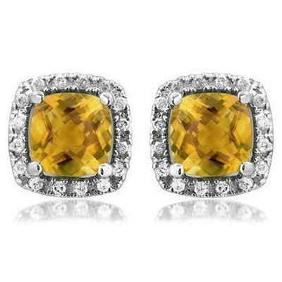 Cushion Citrine Stud Earrings with Diamond Halo 14KT Gold