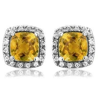 Cushion Citrine Stud Earrings with Diamond Halo 14KT Gold