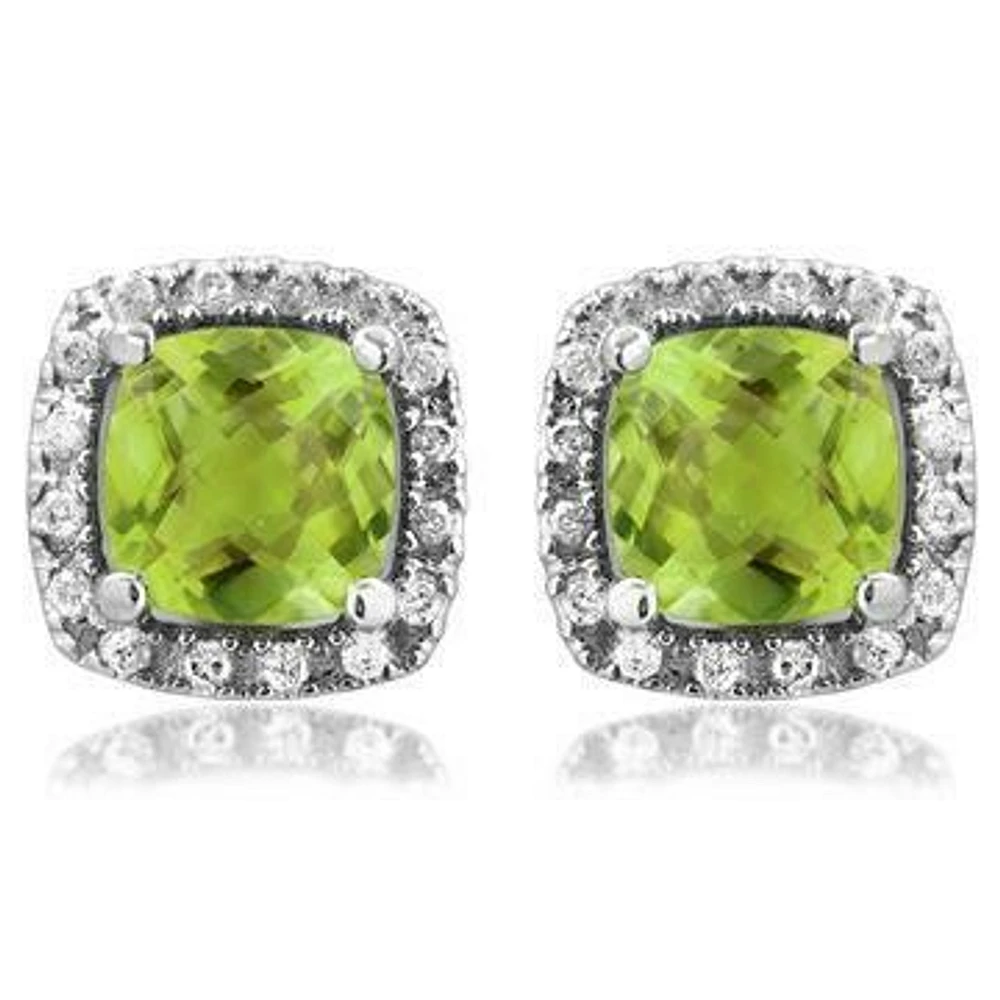 Cushion Peridot Stud Earrings with Diamond Halo 14KT Gold