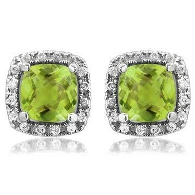 Cushion Peridot Stud Earrings with Diamond Halo 14KT Gold