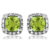 Cushion Peridot Stud Earrings with Diamond Halo 14KT Gold