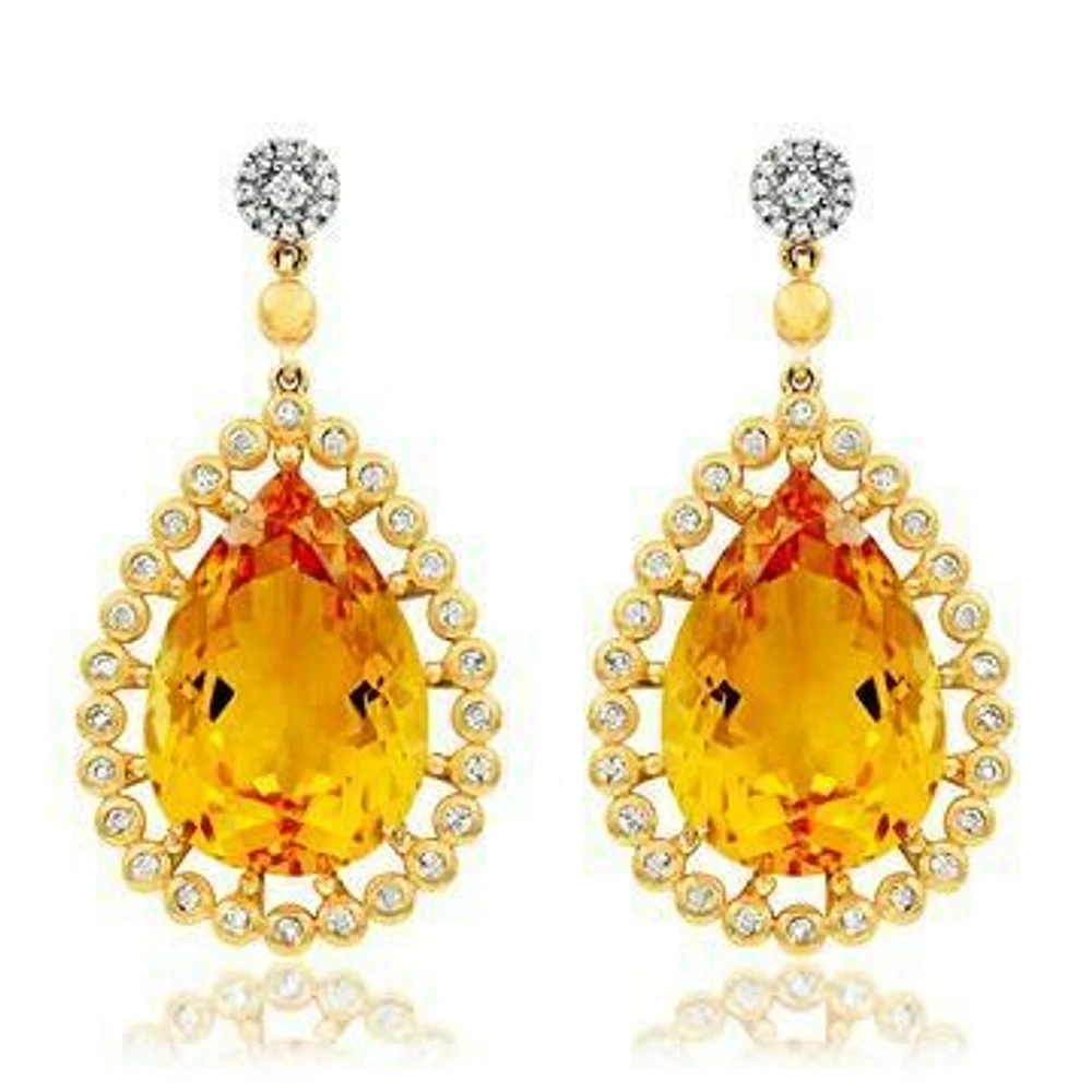 Premium Teardrop Citrine Earrings with Diamond Accent 14KT Gold