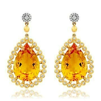 Premium Teardrop Citrine Earrings with Diamond Accent 14KT Gold