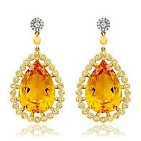 Premium Teardrop Citrine Earrings with Diamond Accent 14KT Gold