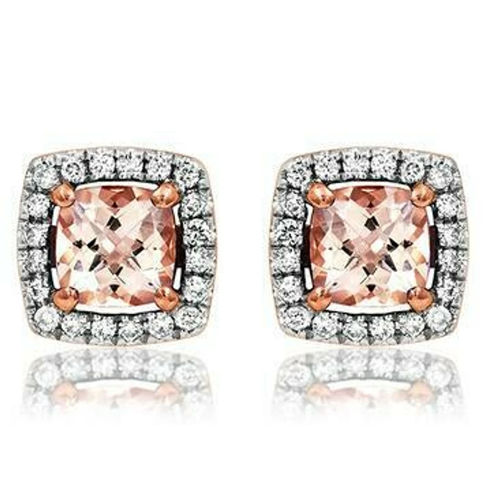 Cushion Morganite Earrings with Diamond Halo in 14KT Rose Gold