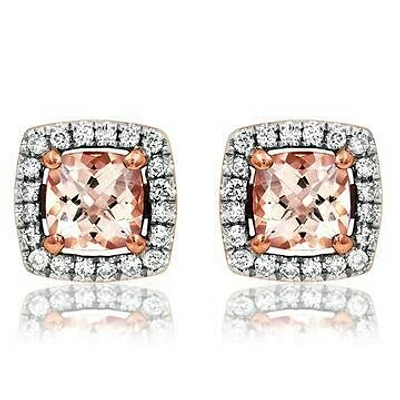 Cushion Morganite Earrings with Diamond Halo in 14KT Rose Gold