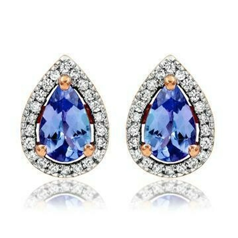 Tanzanite Teardrop Stud Earrings with Diamond Halo in 14KT Rose Gold