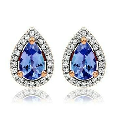 Tanzanite Teardrop Stud Earrings with Diamond Halo in 14KT Rose Gold