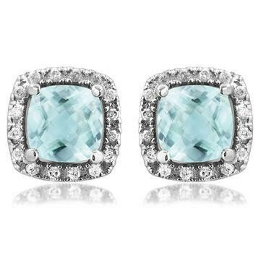 Cushion Aquamarine Stud Earrings with Diamond Halo 14KT Gold