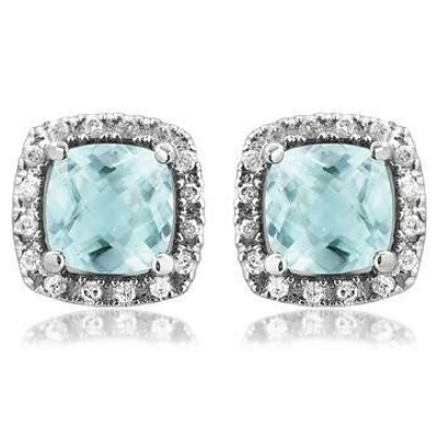 Cushion Aquamarine Stud Earrings with Diamond Halo 14KT Gold