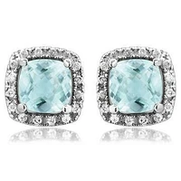 Cushion Aquamarine Stud Earrings with Diamond Halo 14KT Gold