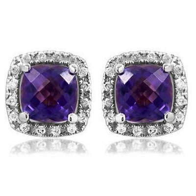 Cushion Amethyst Stud Earrings with Diamond Halo 14KT Gold