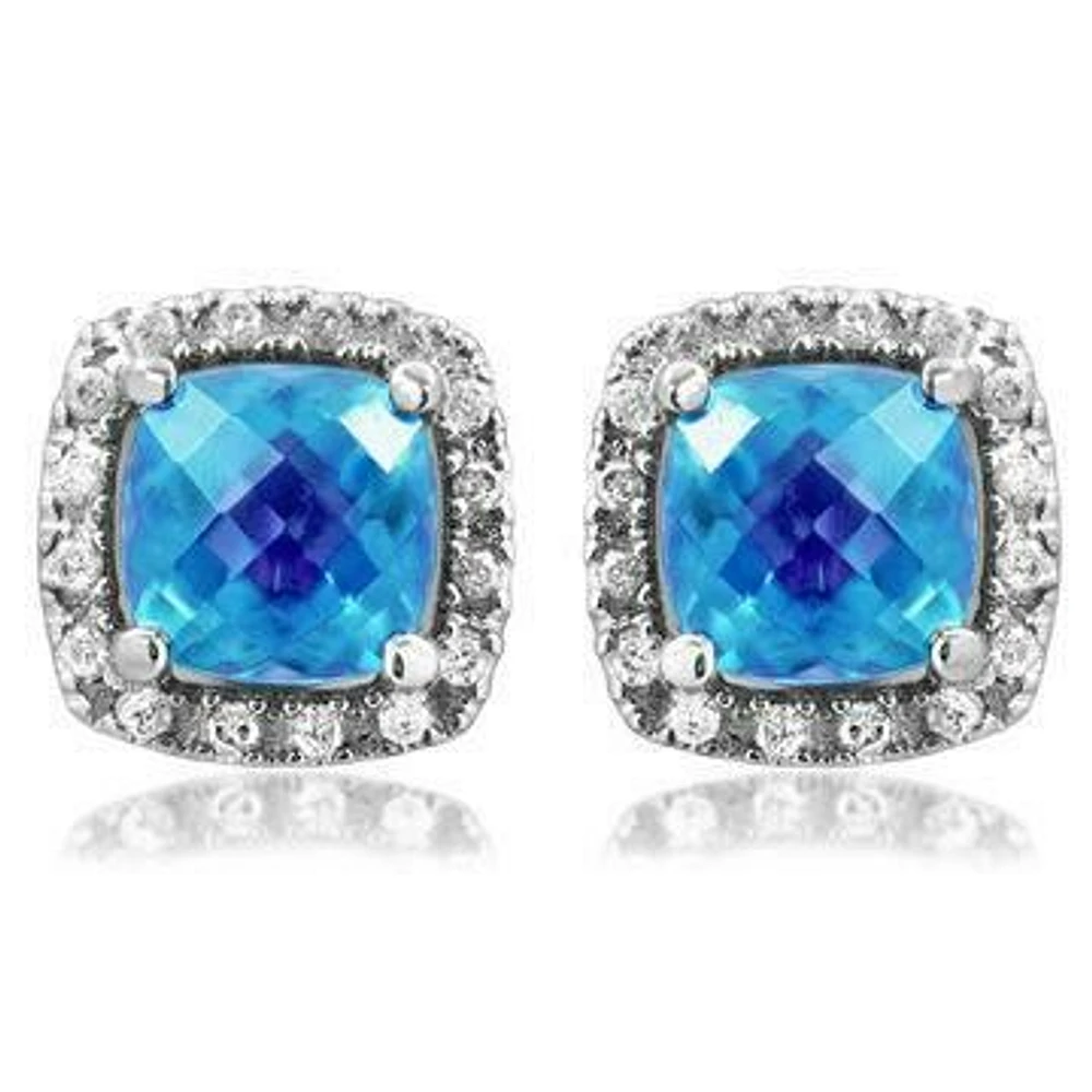 Cushion Topaz Stud Earrings with Diamond Halo 14KT Gold