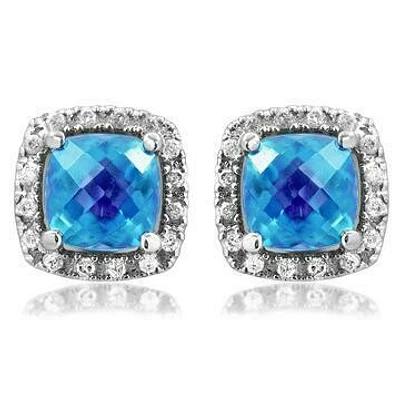 Cushion Topaz Stud Earrings with Diamond Halo 14KT Gold