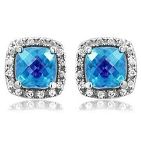 Cushion Topaz Stud Earrings with Diamond Halo 14KT Gold