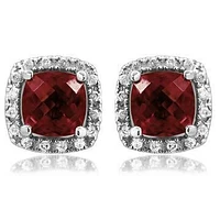 Cushion Garnet Stud Earrings with Diamond Halo 14KT Gold