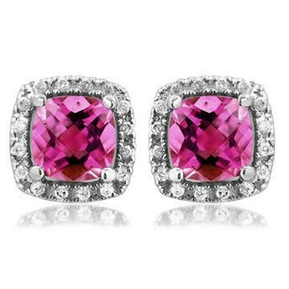 Cushion Pink Topaz Stud Earrings with Diamond Halo 14KT Gold
