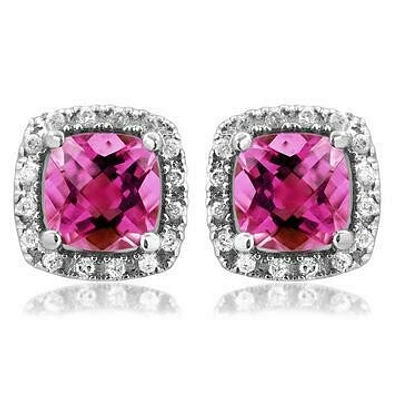 Cushion Pink Topaz Stud Earrings with Diamond Halo 14KT Gold
