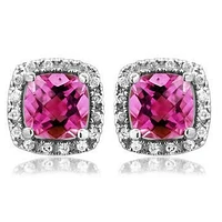 Cushion Pink Topaz Stud Earrings with Diamond Halo 14KT Gold