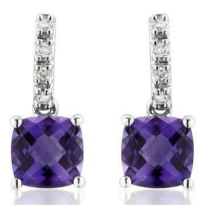 Cushion Amethyst Earrings with Diamond Accent 14KT Gold