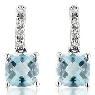 Cushion Aquamarine Earrings with Diamond Accent 14KT Gold