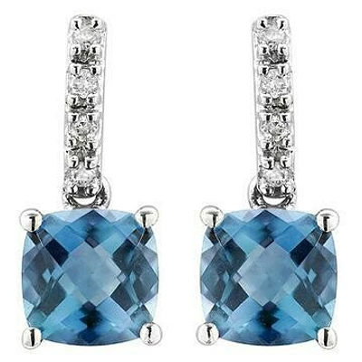 Cushion Blue Topaz Earrings with Diamond Accent 14KT Gold