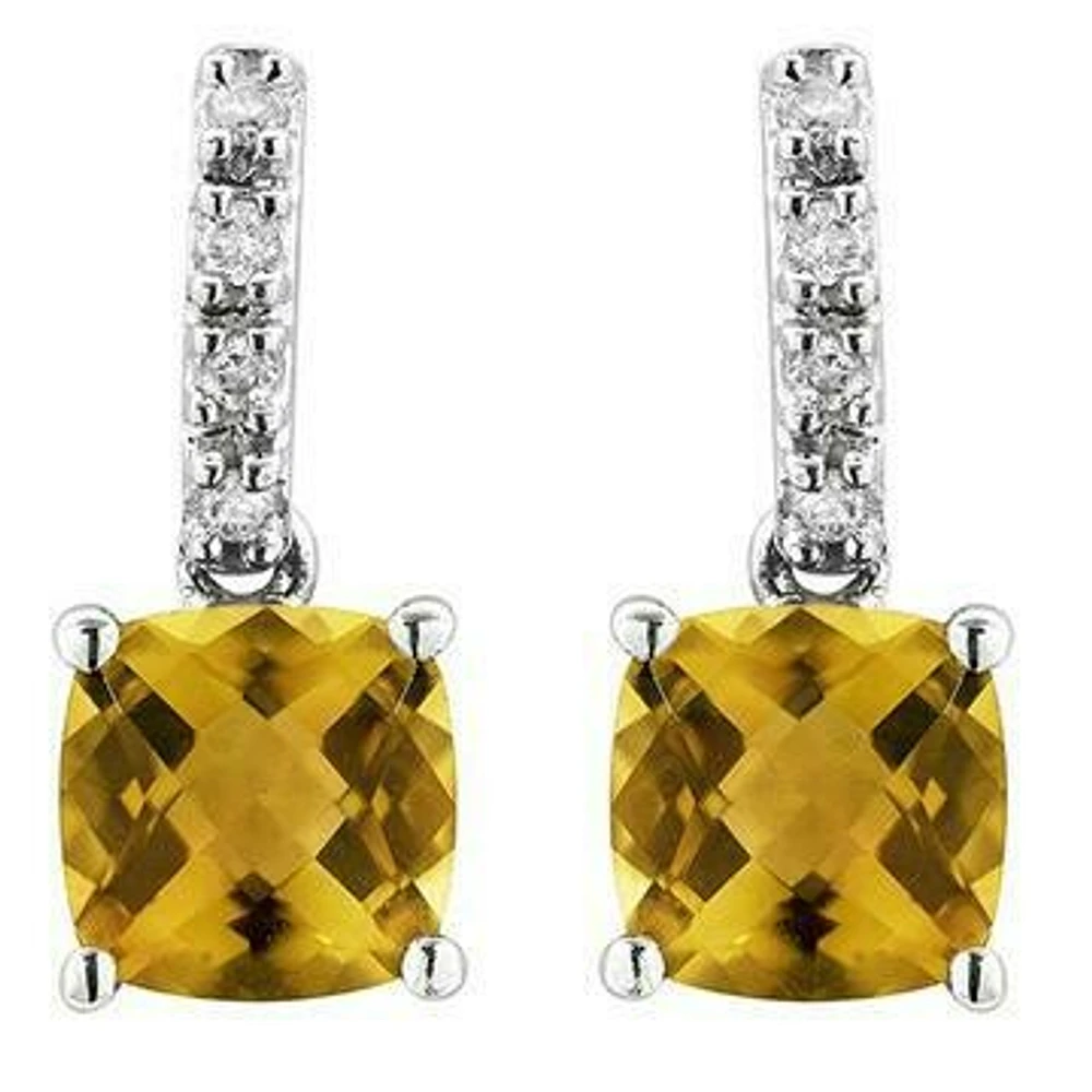 Cushion Citrine Earrings with Diamond Accent 14KT Gold