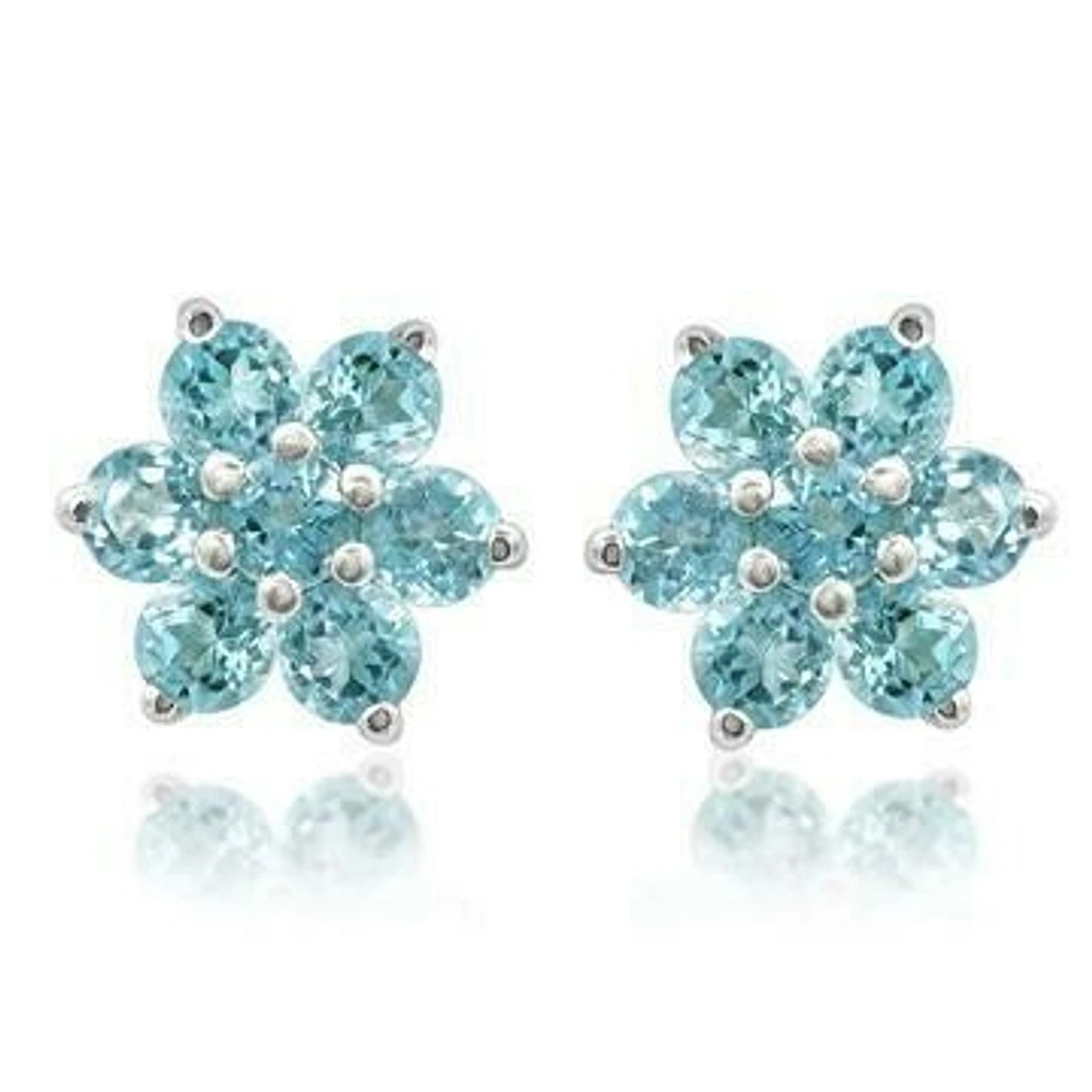 Floral Cluster Blue Topaz Stud Earrings 14KT Gold