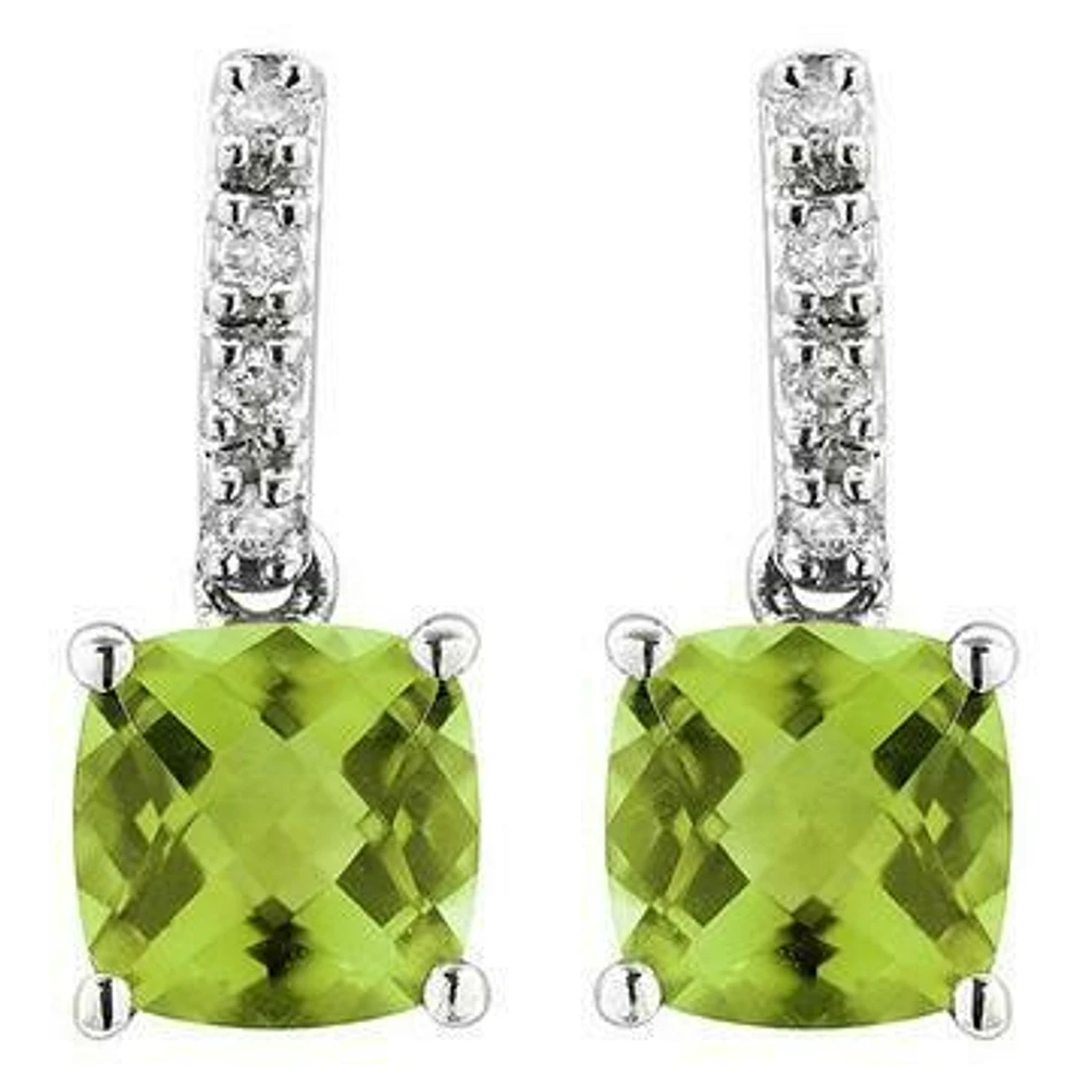 Cushion Peridot Earrings with Diamond Accent 14KT Gold