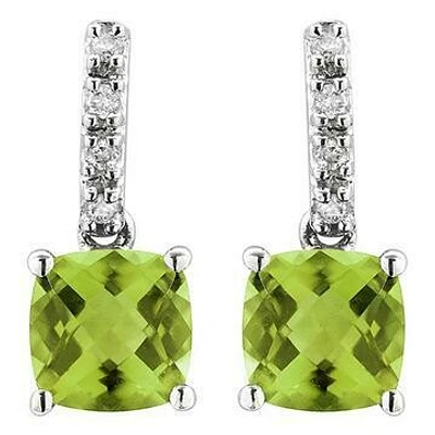 Cushion Peridot Earrings with Diamond Accent 14KT Gold